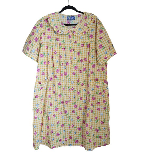 Moon Dance Housecoat‎ MuuMuu Dress Women's 2X XXL Floral Gingham Yellow Plaid - Picture 2 of 11
